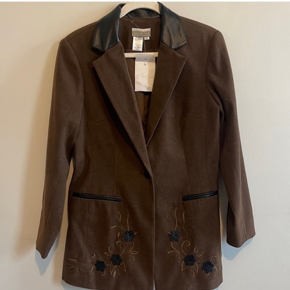 Coldwater Creek Vintage Faux Leather Flower Embroidered Blazer Size 6P Brown - Picture 6 of 11